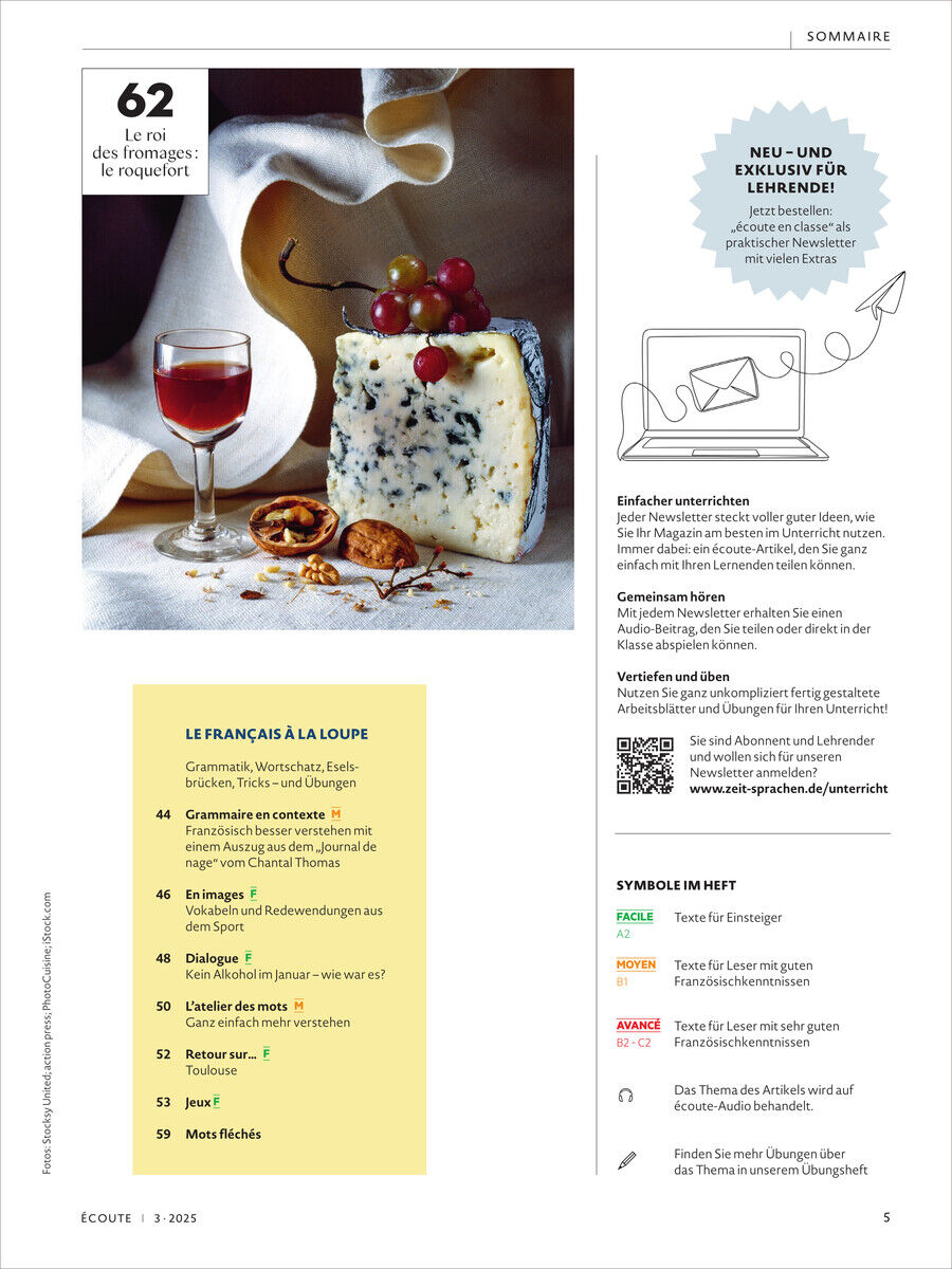 Das Bild zeigt das Écoute Magazin 3/2025. Auf der linken Seite ist ein Stück Blauschimmelkäse mit einer Traube und einem Glas Rotwein auf einem Brett. Rechts sind Textinhalte zu sehen, die Bildungsressourcen für Französischlernen und Lehrer:innen betreffen. Das Design ist farblich in Blau, Rot, Gelb, Weiß und Schwarz gehalten.