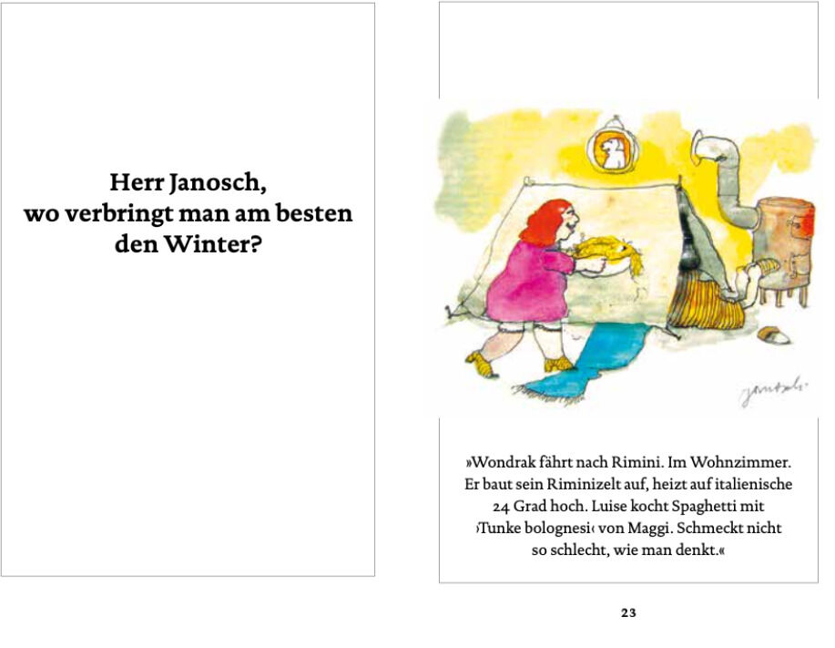 Eine Doppelseite aus dem Buch 'Janosch: Wondrak und seine Freunde feiern Weihnachten' zeigt eine Illustration von zwei Figuren in einer Zeltlandschaft und Text auf einer weißen Seite. Die Farben sind überwiegend gelb, rot, und schwarz.