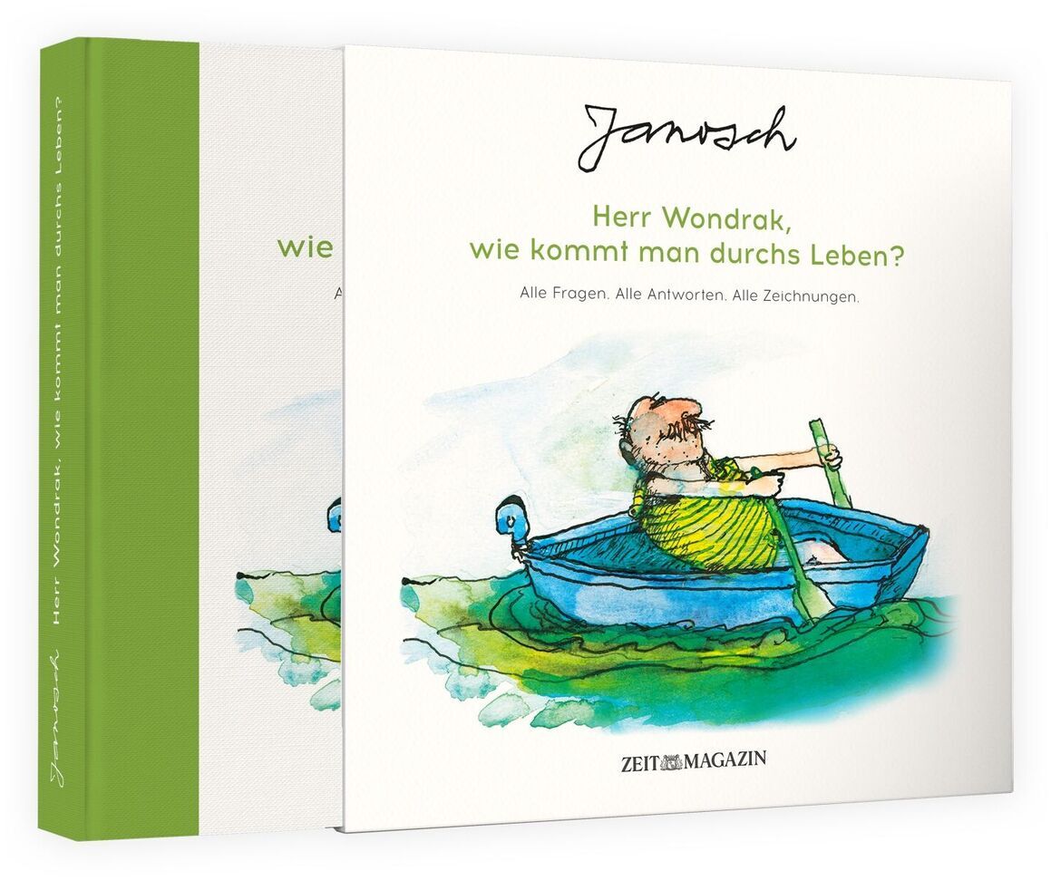 Ein Buch mit dem Titel »Herr Janosch, wie wichtig ist es, dass man im Leben ankommt?«, illustriert mit einer farbenfrohen Zeichnung auf dem Cover, die eine person in einem kleinen blauen Boot auf grünblauem Wasser zeigt. Das Buch hat einen grünen Rücken und stammt aus der ZEIT-Edition.