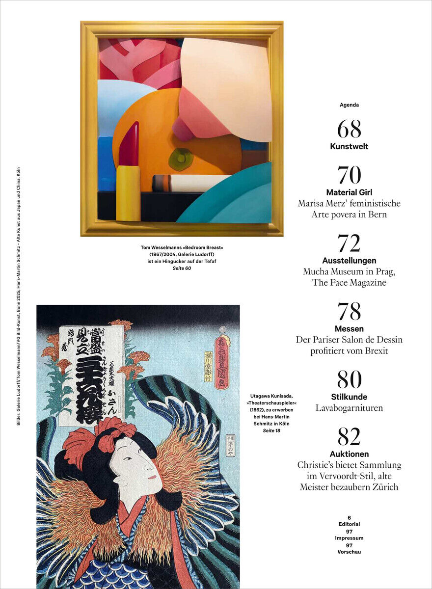 Titelbild des Magazins WELTKUNST 238/25 mit japanischen Kunstwerken, bunten Farben und Artikeltiteln zu Popkultur und Kunstwelt.