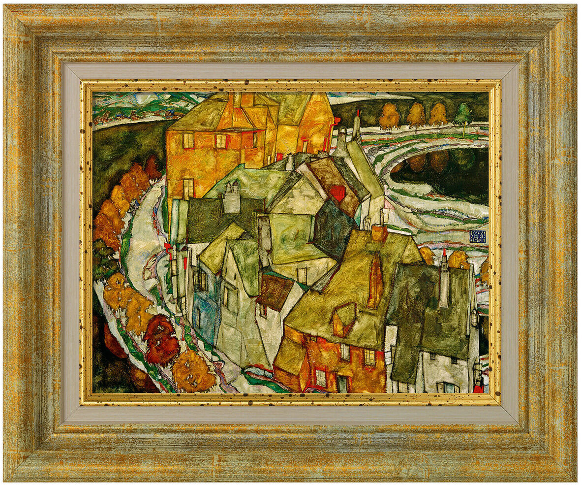 Vier Bilder im Set von Egon Schiele, 1913-15, zeigen expressionistische Darstellungen von Häusern in einem rustikalen Dorfsetting, in einem Rahmen gehängt.