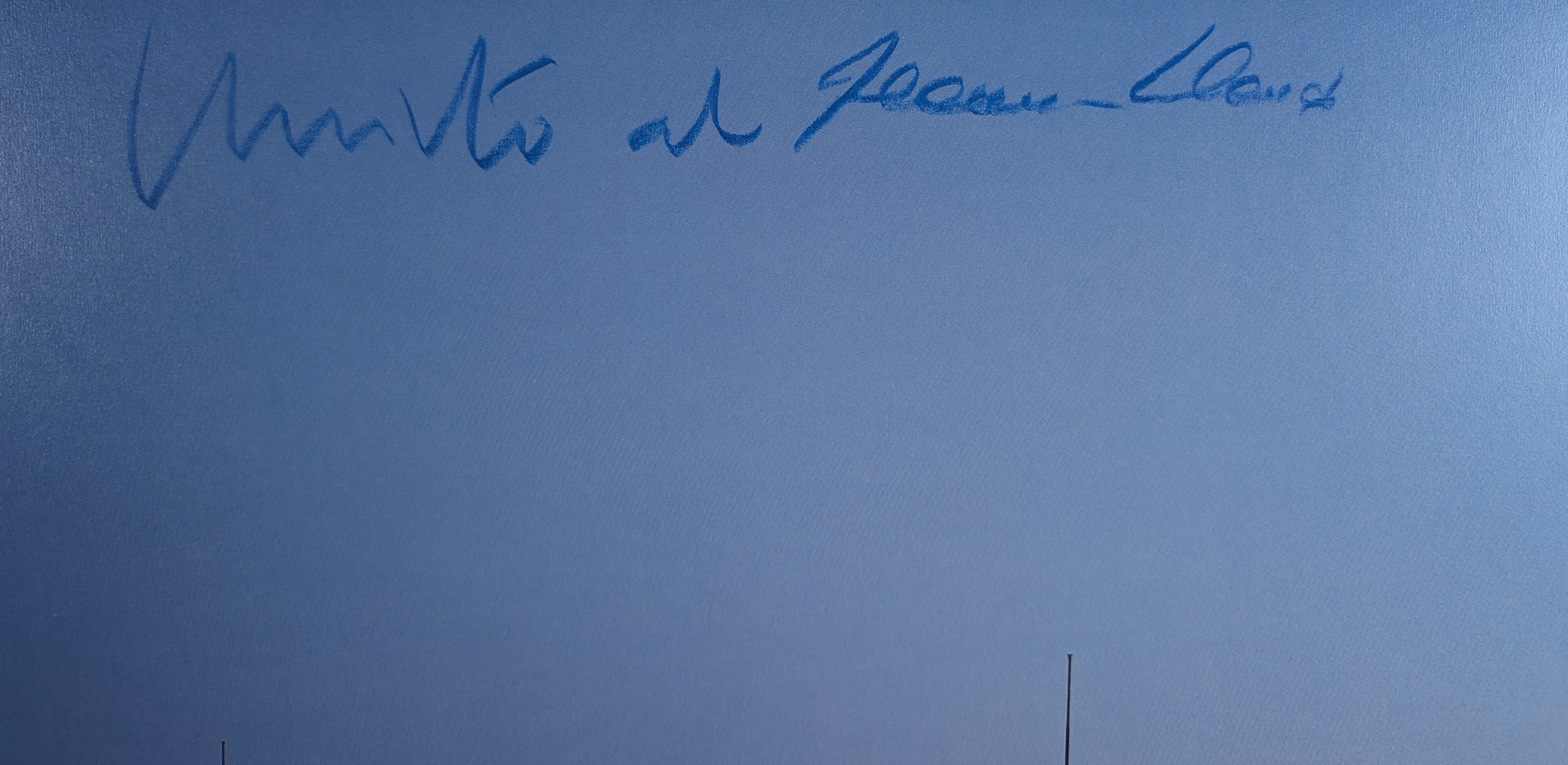Eine künstlerische Darstellung von Christos Projekt über den Reichstag in Berlin. Das Bild zeigt die signifikante Verpackung des Gebäudes in einem modernen Kunststil mit dominierenden Blautönen. Es ist eine außergewöhnliche Kunstinstallation, die Architektur und Kunst vereint.