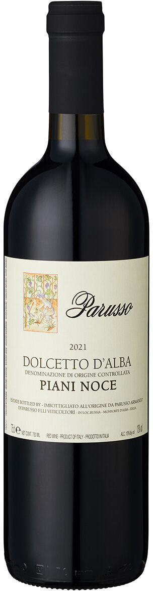 Eine Flasche ZEIT-Weinedition »Piemont« Dolcetto d'Alba Piani Noce 2021 Rotwein mit einem schwarzen Etikett, das beige Akzente und Text enthält. Der Wein stammt aus dem Piemont, Italien.