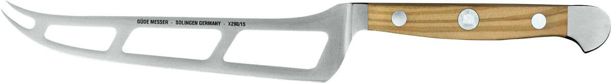 Käsemesser aus Olivenholz mit Edelstahlklinge und durchbrochener Klinge, ideal für die Zubereitung von Käseplatten und als hochwertiges Küchenwerkzeug.