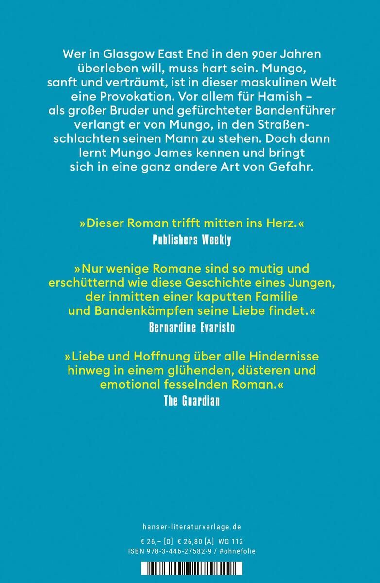 Rückseite des Buches 'Young Mungo' von D. Stuart mit Zitaten von Buchkritikern vor blauem Hintergrund, gelbem und weißem Text.