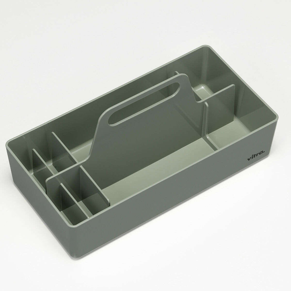 Graue, praktische Toolbox aus Kunststoff mit mehreren Fächern und einem Tragegriff. Ideal zur Organisation von Werkzeugen und Büroartikeln.