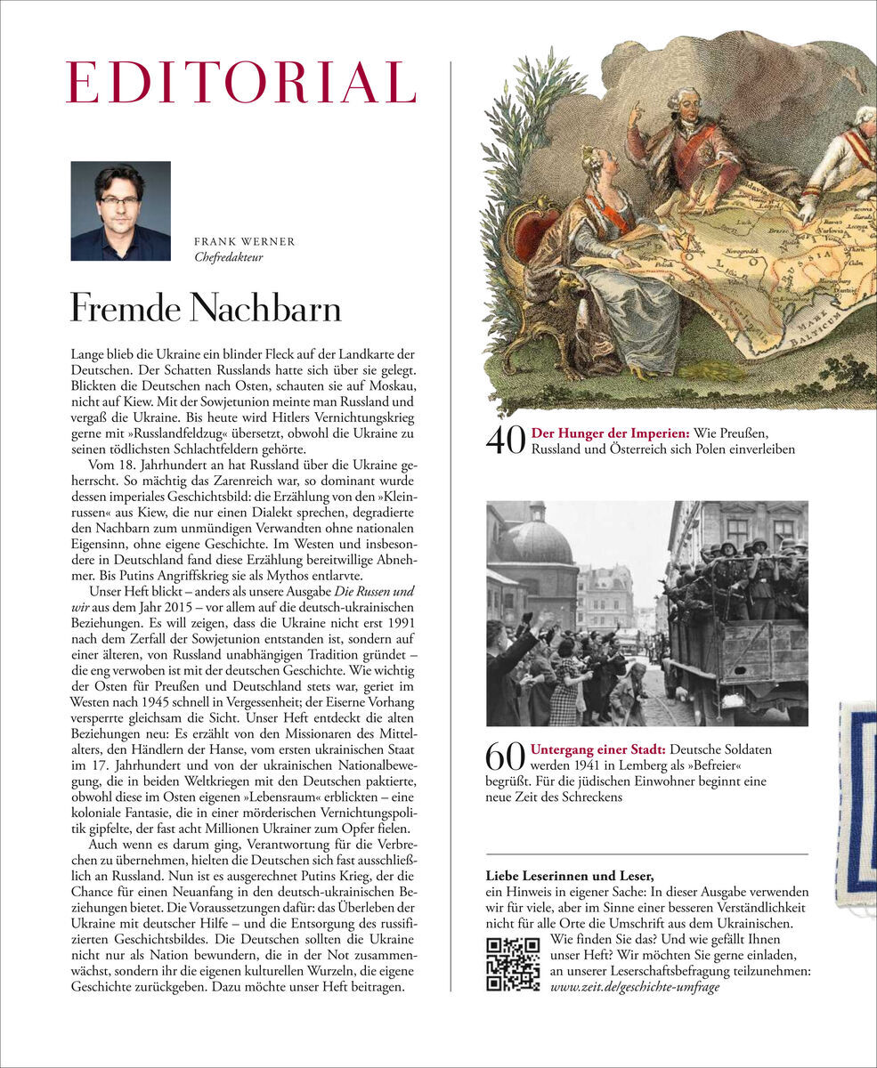 Zeitschrift ZEIT GESCHICHTE 3/23 mit dem Titel 'Die UKRAINE, RUSSLAND und WIR'. Obere Hälfte enthält Editorial von Chefredakteur Frank Werner. Rechts oben historische Illustration eines strategischen Gesprächs. Mittlere und untere Hälfte zeigen schwarz-weiß Bilder von historischen Ereignissen. Textabschnitte berichten über Hungersnot und Truppenbewegungen.