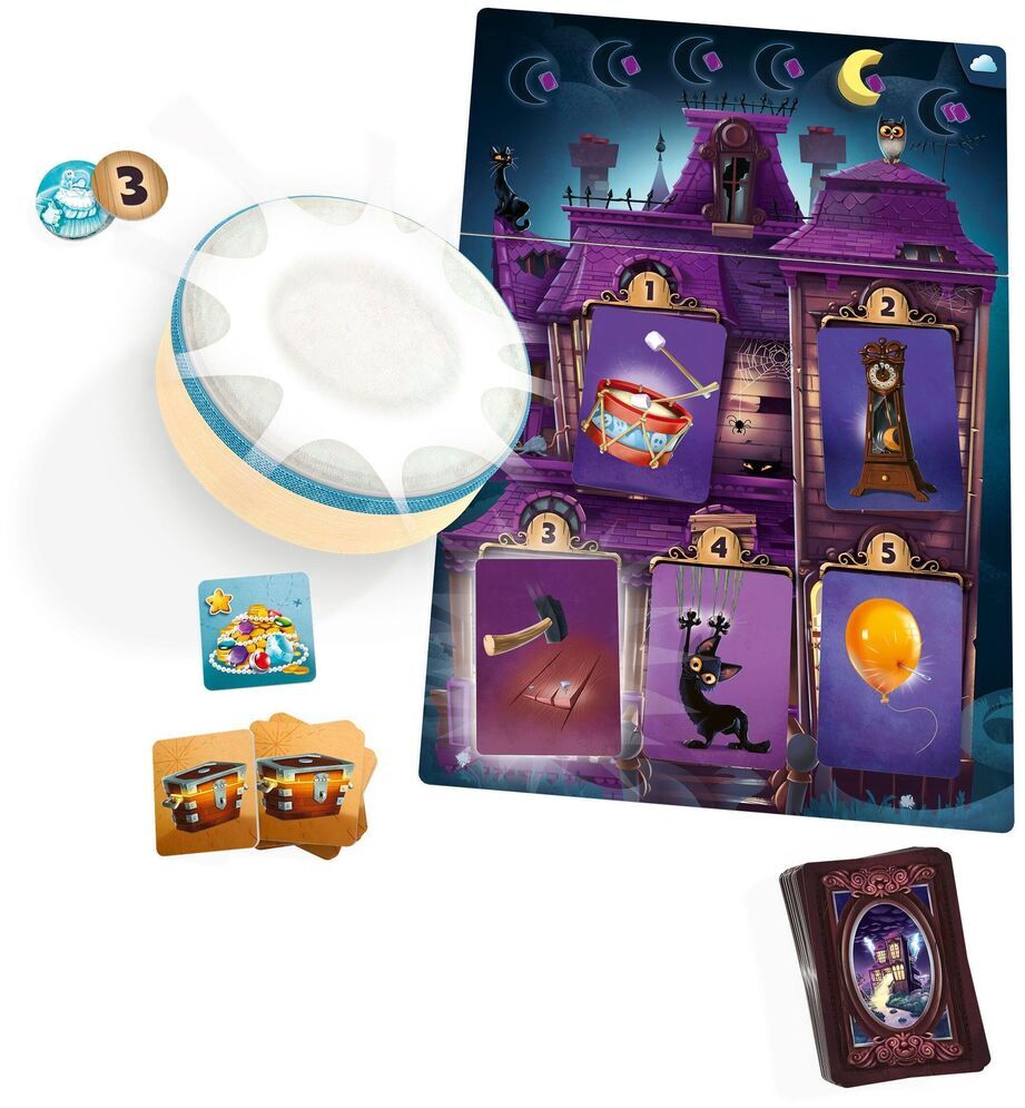 Abbildung des Brettspiels 'Mysterium Kids - Kinderspiel des Jahres', das ein Geisterhaus-Thema mit verschiedenen Spielkarten und Spielsteinen aufweist. Das Spielbrett ist hauptsächlich in Lila und Blau gehalten und zeigt Illustrationen von Geisterwesen und Gegenständen.