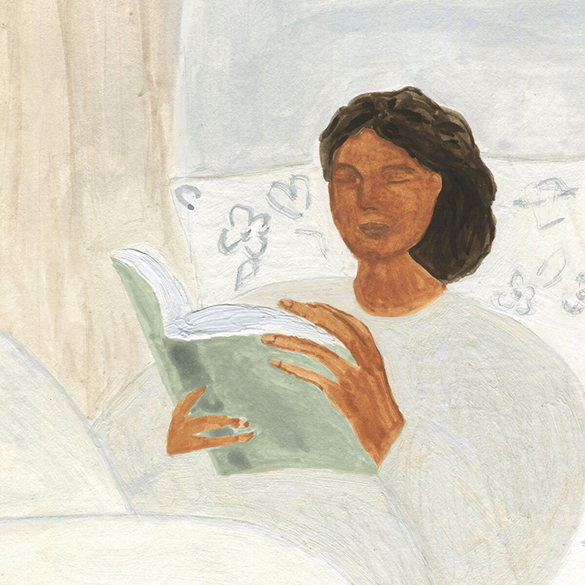 Gemälde einer Frau, die morgens im Bett liegt und ein Buch liest. In sanften Tönen gemalt, zeigt das Bild eine entspannte Läserszene mit Blumenmuster im Hintergrund.