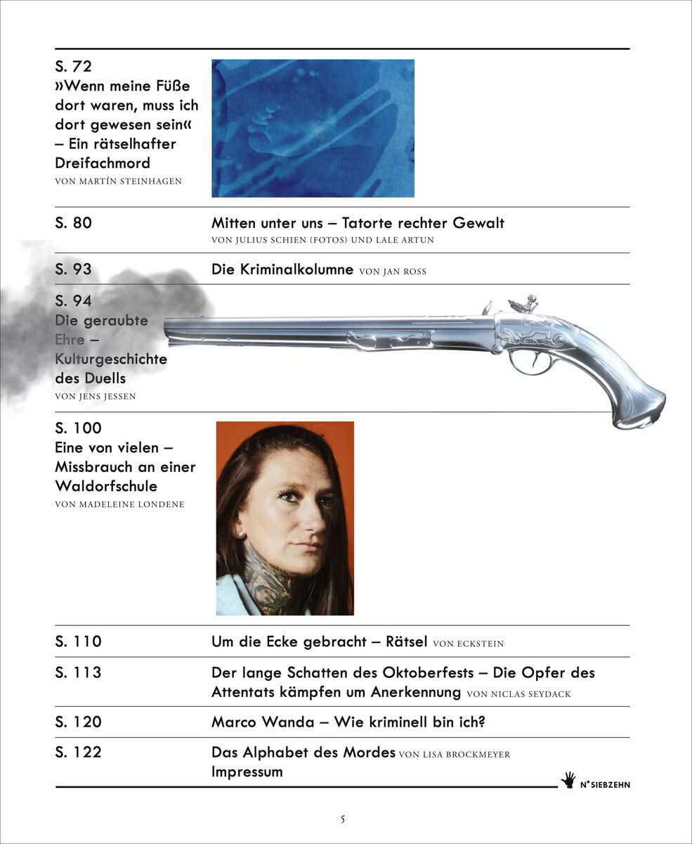 Magazinseite ZEIT VERBRECHEN 17/22 mit Textabschnitten und einem Bild eines historischen Revolvers.