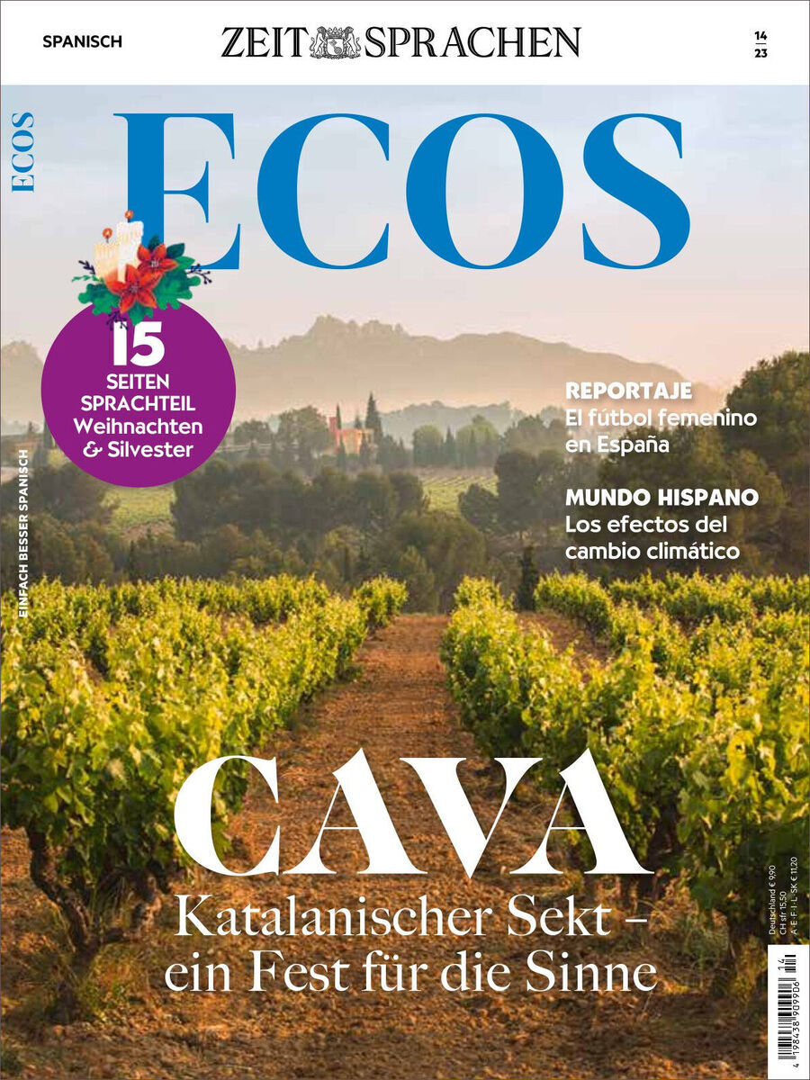 Cover des Ecos Magazins Ausgabe 14/2023. Oben steht der Titel 'Ecos' in großen blauen Buchstaben. Darunter ein Bild von Weinbergen und Hügeln im Sonnenuntergang. Es gibt Texte über Weihnachten, Silvester, Katalonischen Sekt und Frauenfußball in Spanien.