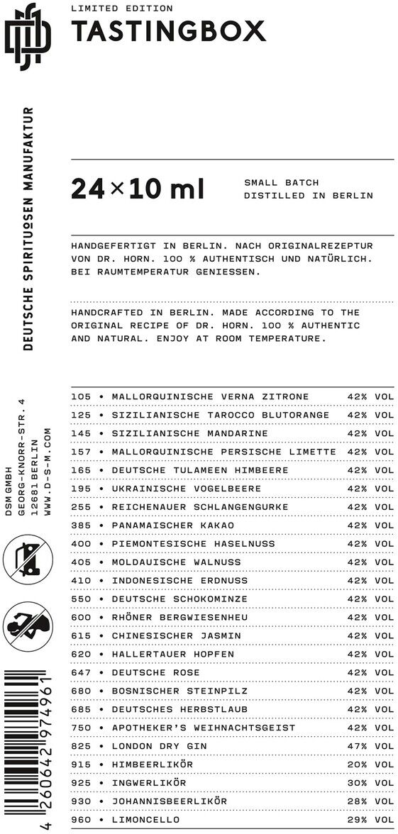 Tastingbox Spirituosen-Spezialitäten mit 24 kleinen Flaschen à 10 ml, hergestellt in Berlin nach Originalrezeptur von Dr. Kochon. Das Etikett zeigt Informationen zu den verschiedenen Geschmacksrichtungen und den Alkoholgehalten. Die Box ist handgefertigt und kommt in limitierter Auflage.