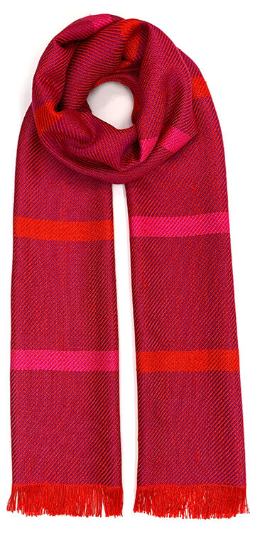 Ein handgewebter Seidenschal in lebhaften Fuchsia- und Rottönen mit einem dezenten Karomuster. Geeignet für festliche Anlässe und als trendiges Modeaccessoire für Damen und Herren.