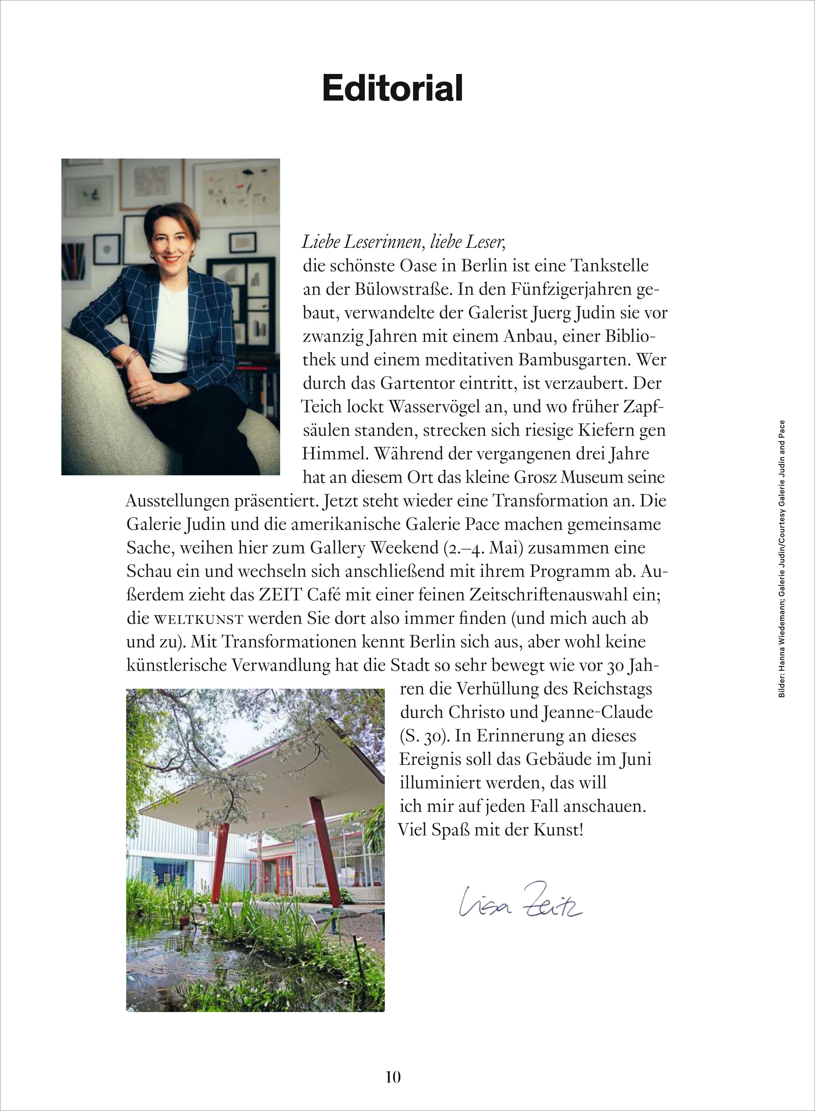 Seite aus dem WELTKUNST 240/25 Sonderheft Berlin mit einem Editorial-Text, einem Foto einer Frau und einem Bild von einem Außentisch in einer Grünanlage. Der Text ist auf Deutsch geschrieben und behandelt die Berliner Kunstszene.