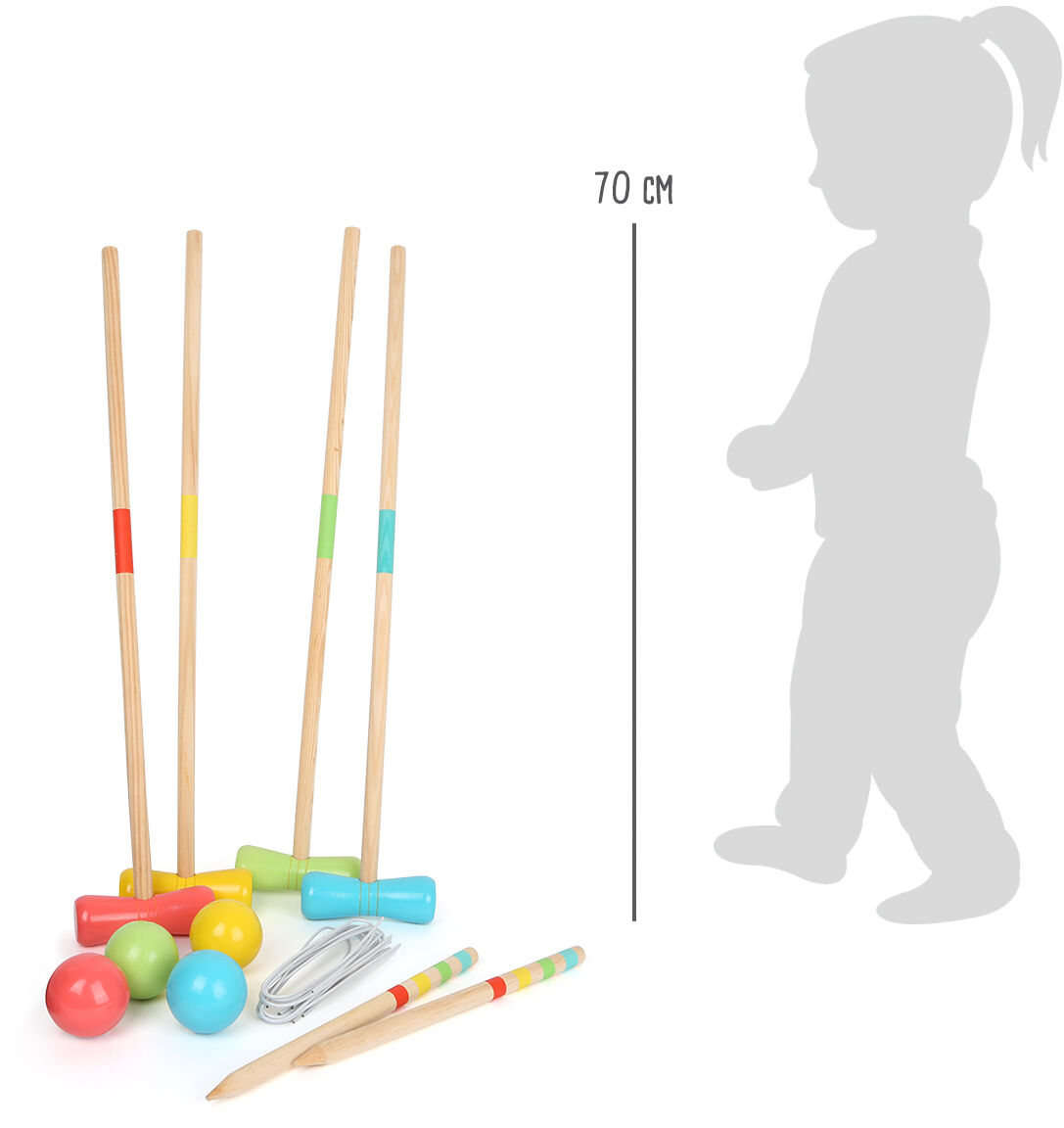 Ein Krocket-Set bestehend aus vier Holzschlägern mit bunten Griffen, mehrere farbige Kugeln, Tore und Pflöcke. Die Schläger sind neben einer Silhouette eines Kindes positioniert, um die Höhe von 70 cm anzuzeigen.