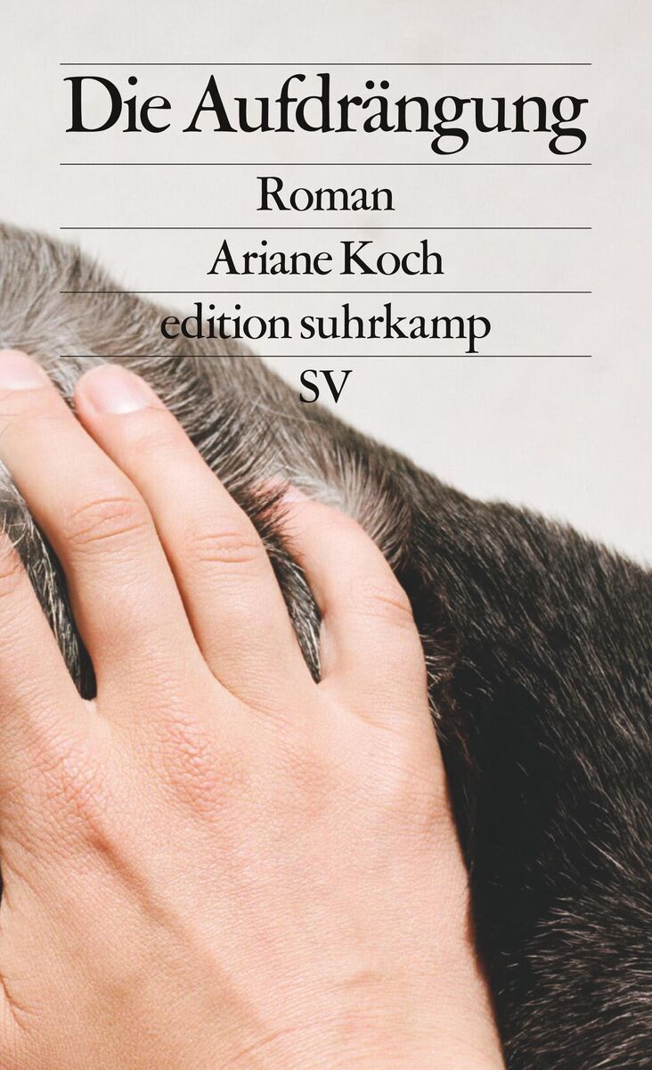 Buchcover des Romans 'Die Aufdrängung' von Ariane Koch, gezeigt eine menschliche Hand berührt etwas Dunkles und Flauschiges, zusammen mit dem Text 'Roman', 'Ariane Koch', 'edition suhrkamp', 'SV'.