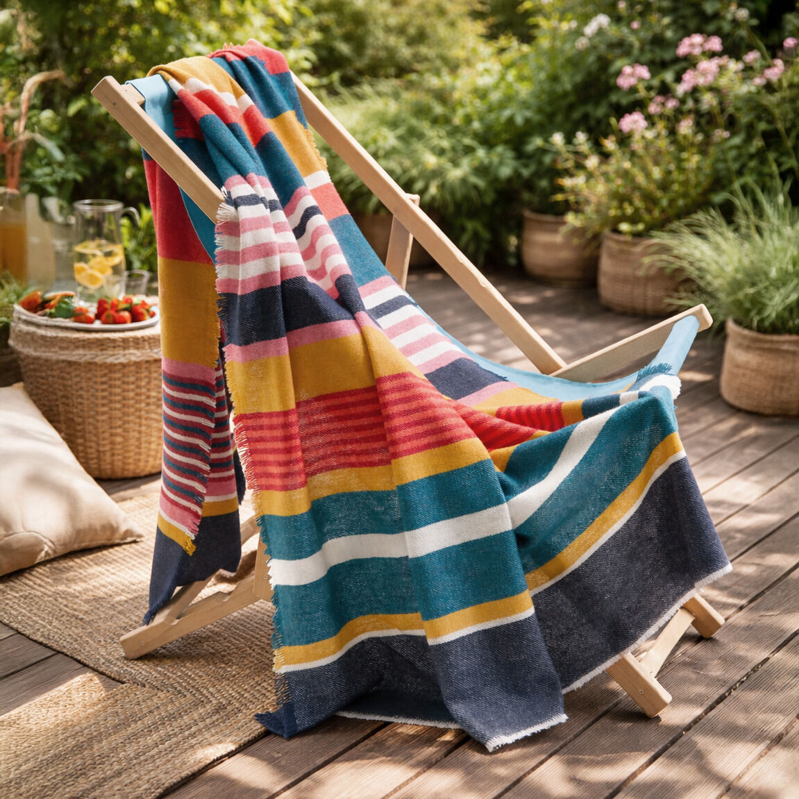 Die Merino-Decke »RIO« von Eagle Products liegt farbenfroh gestreift auf einem Holzliegestuhl auf einer Holzterrasse, umgeben von blühenden Pflanzen und Sommerdekoration wie Getränk und Obst. Die Decke zeigt lebendige Streifen in Navy, Weiß, Gelb, Orange, Rot und Türkis.