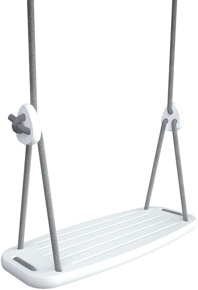 Eine weiße Kinderschaukel mit grauen Seilen, geeignet für den Innen- und Außenbereich.