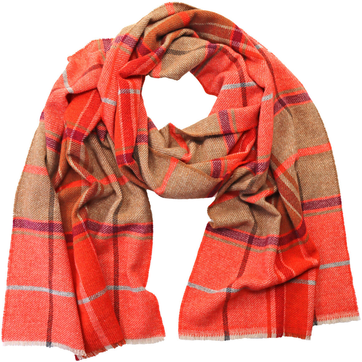 Ein weicher Merinoschal mit Karomuster in den Farben Rot, Braun, Beige und Orange. Der Schal ist locker drapiert und wirkt warm sowie hochwertig – ideal als modisches Accessoire für Herbst und Winter.