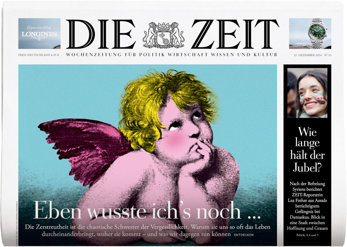 Die Titelseite der Wochenzeitung DIE ZEIT, Ausgabe 53/2024, mit einem Engelsmotiv auf blauem Hintergrund und einem Textausschnitt ‚Eben wusste ich’s noch‘.