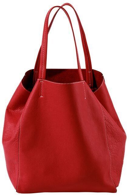 Eine rote Leder-Handtasche der Marke ZEIT-Tasche mit dem Modellnamen »Cep«. Die Tasche hat zwei lange Tragegriffe und ein geräumiges Innenfach.