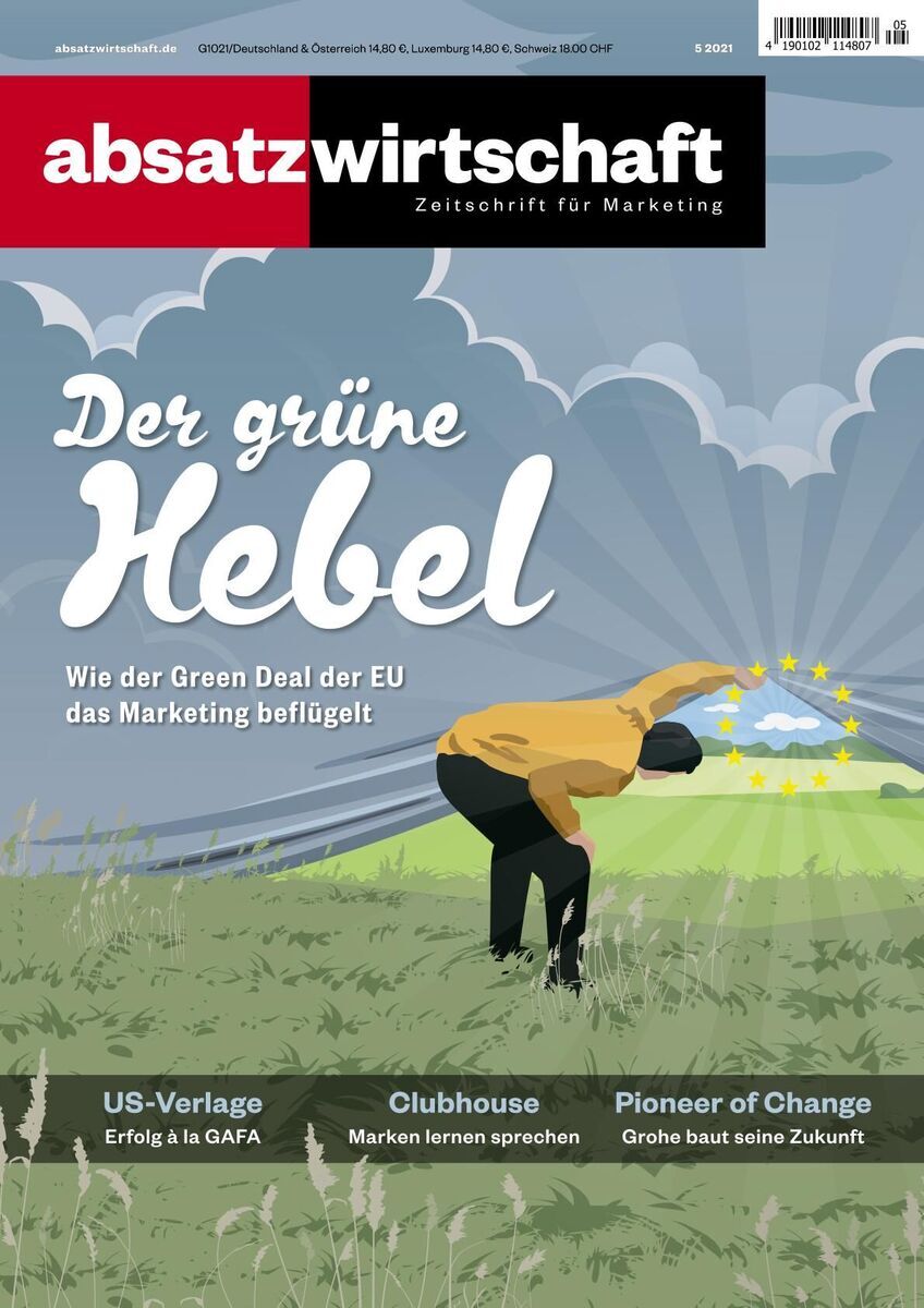 Das Titelbild der Ausgabe 5/21 der Zeitschrift 'absatzwirtschaft' zeigt den Titel 'Der grüne Hebel' und eine Illustration eines Mannes, der auf einem grünen Feld mit innovativen Ansätzen arbeitet. Die Hauptfarben sind Rot, Weiß, Grün, Blau und Schwarz.