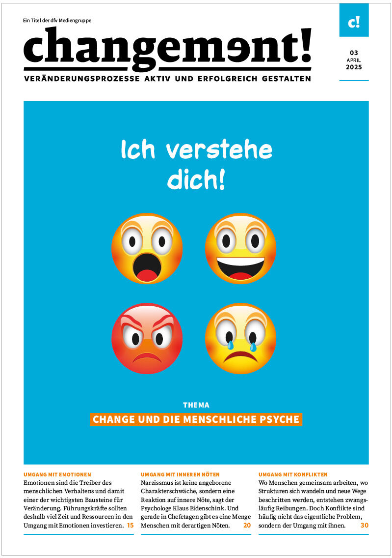 Ein Cover der Zeitschrift changement Ausgabe 03/2025 mit dem Titel 'Ich verstehe dich!'. Es zeigt vier Emojis, die unterschiedliche Emotionen darstellen, auf einem blauen Hintergrund. Der Untertitel thematisiert Veränderungsprozesse und die menschliche Psyche.