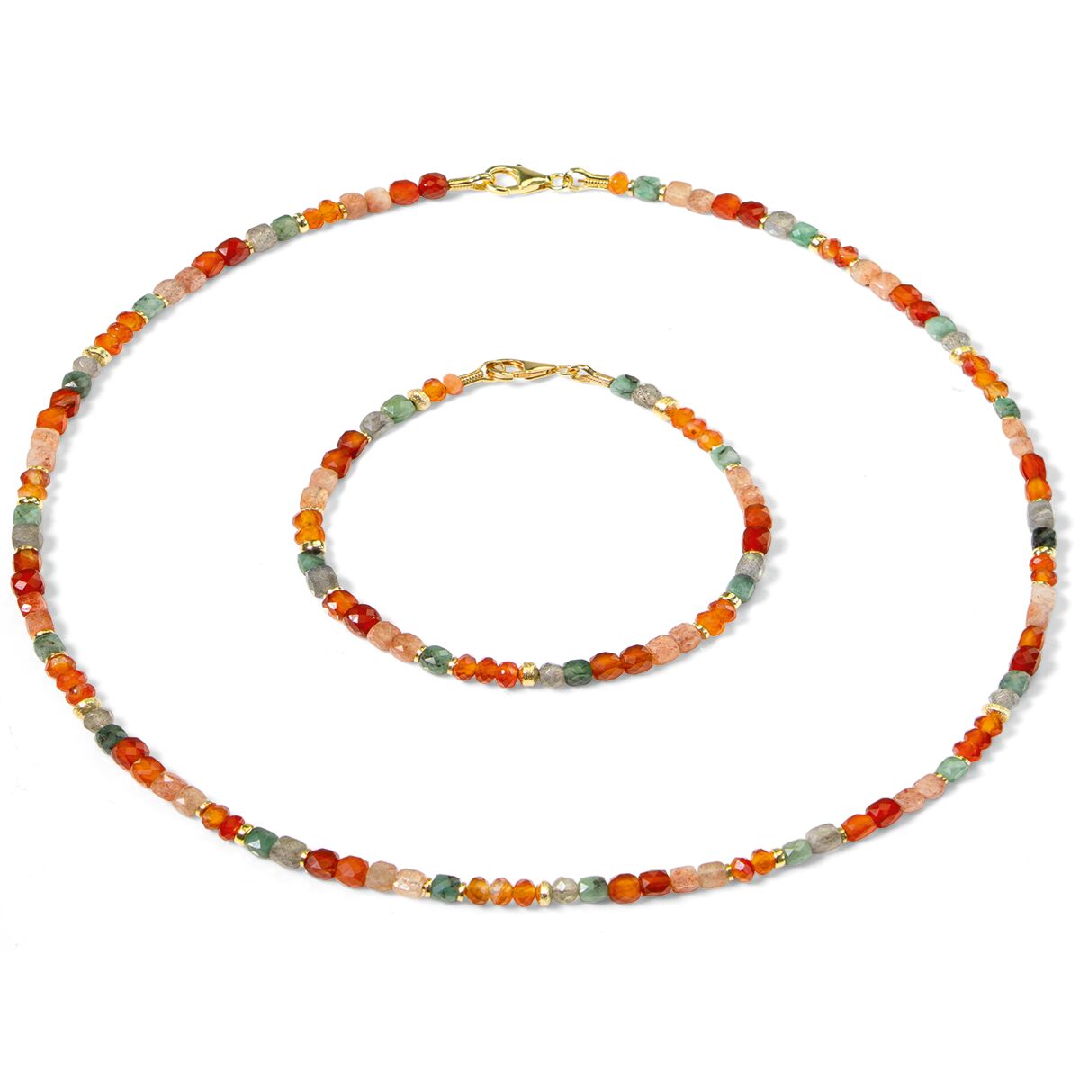 Schmuckset bestehend aus einem Collier und einem Armband aus 925er Sterlingsilber mit facettierten Edelsteinperlen in Orange-, Rot-, Grün- und Rosatönen. Beide Stücke mit goldfarbenen Verschlüssen, harmonisch arrangierte Steine, feiner Glanz auf weißem Hintergrund.