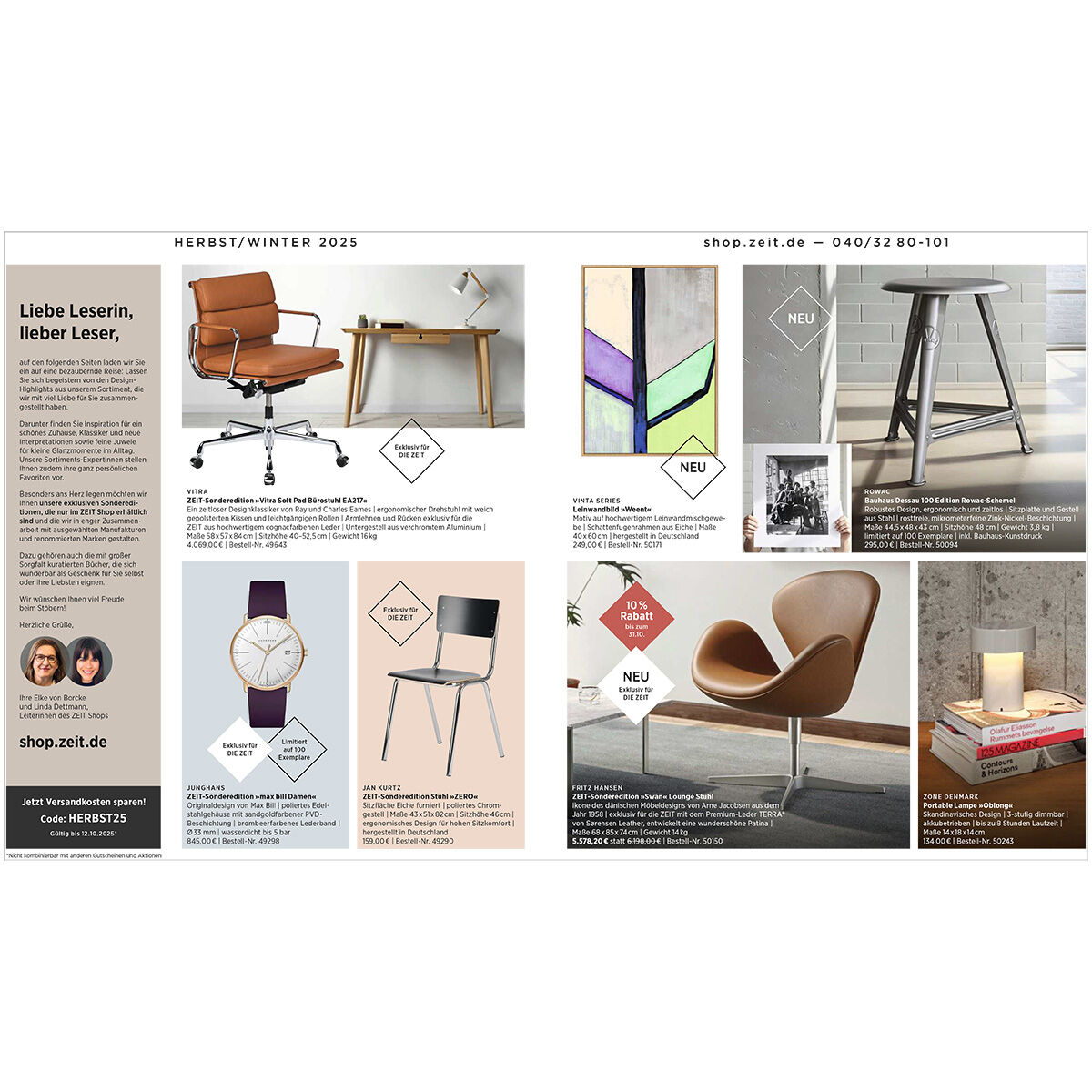 Designkatalog mit modernem Möbeldesign, darunter Sessel, Stuhl, Schreibtisch, Uhr, dekorative Vasen und Lampen. Die Arrangements sind in einem schlichten, minimalistischen Stil gehalten und heben zeitlose Wohntrends für Herbst/Winter 2025 hervor. Perfekt für Designfans und Fachleute aus der Innenarchitektur.