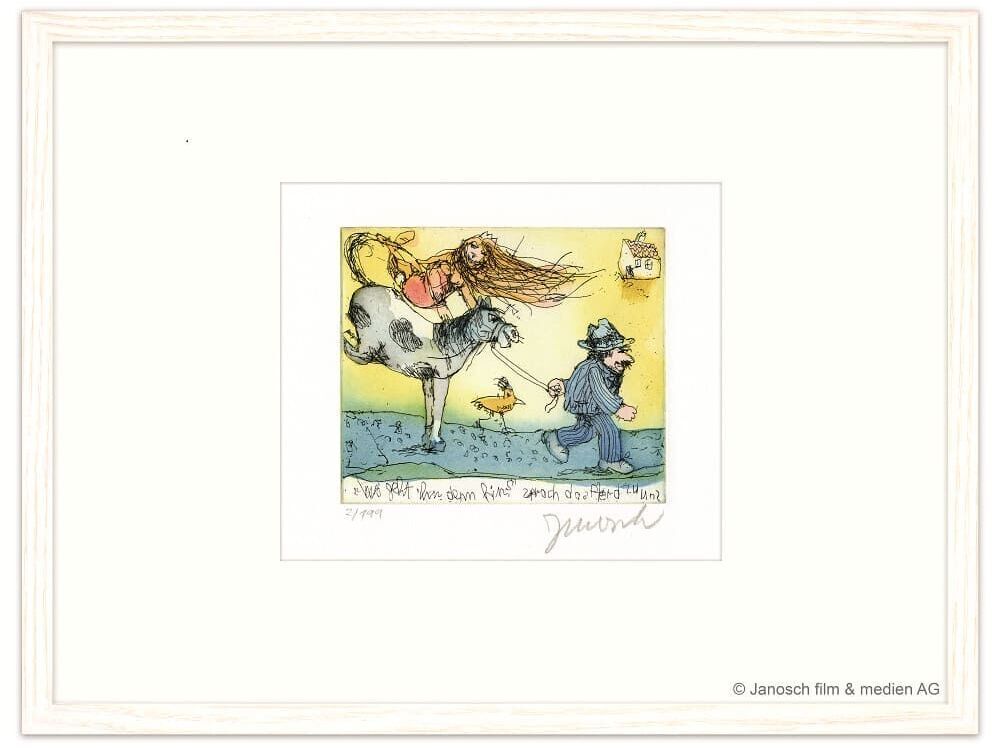 Ein gerahmtes Bild aus dem Buch 'Janosch: »Wo geht ihr denn hin, sprach das Pferd zu uns«'. Das Bild zeigt ein Kind auf einem Pferd, ein laufendes Küken und eine Figur mit einem Hut. Die Hauptfarben sind Gelb, Blau, Weiß, Braun, Schwarz und Rot. Die Szene vermittelt eine abenteuerliche und fantasievolle Stimmung.
