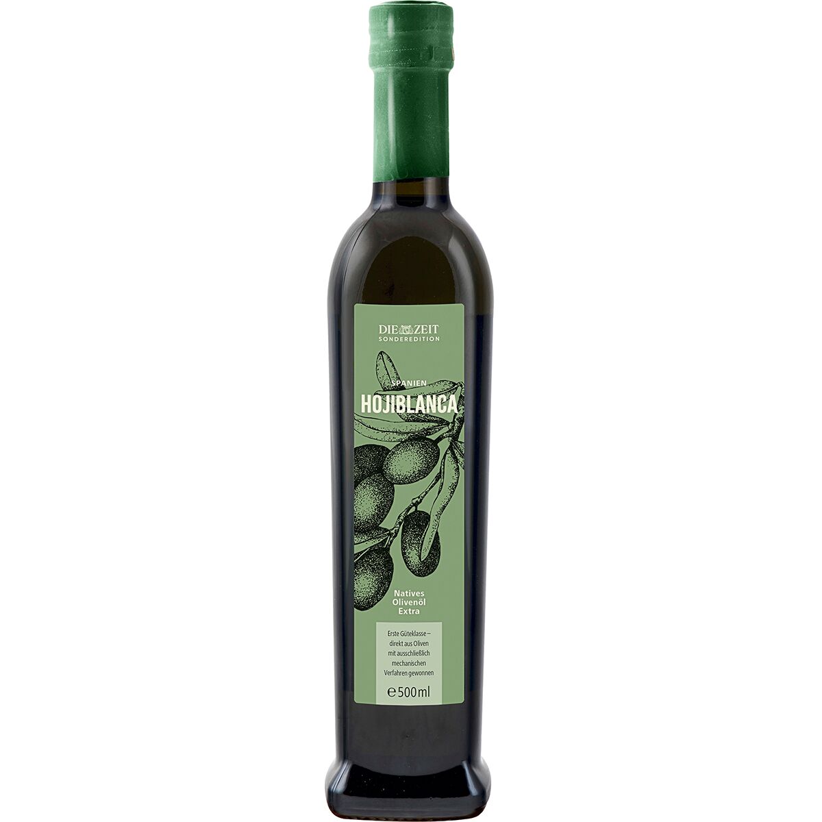 Eine Flasche der ZEIT-Sonderedition Olivenöl 2025 mit einem grün-schwarzen Etikett und der Aufschrift 'Hojiblanca'.