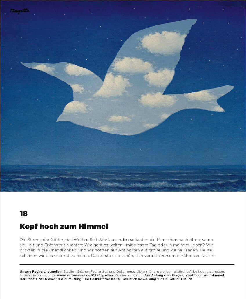 Ein Cover von ZEIT WISSEN 2/22 mit einem Bild eines Vogels, dessen Körper den Himmel und die Sterne darstellt. Der Schriftzug 'Kopf hoch' ist zu sehen, dazu ein kurzer Text zum Thema, wie die Menschen seit jeher aufwärts schauen.