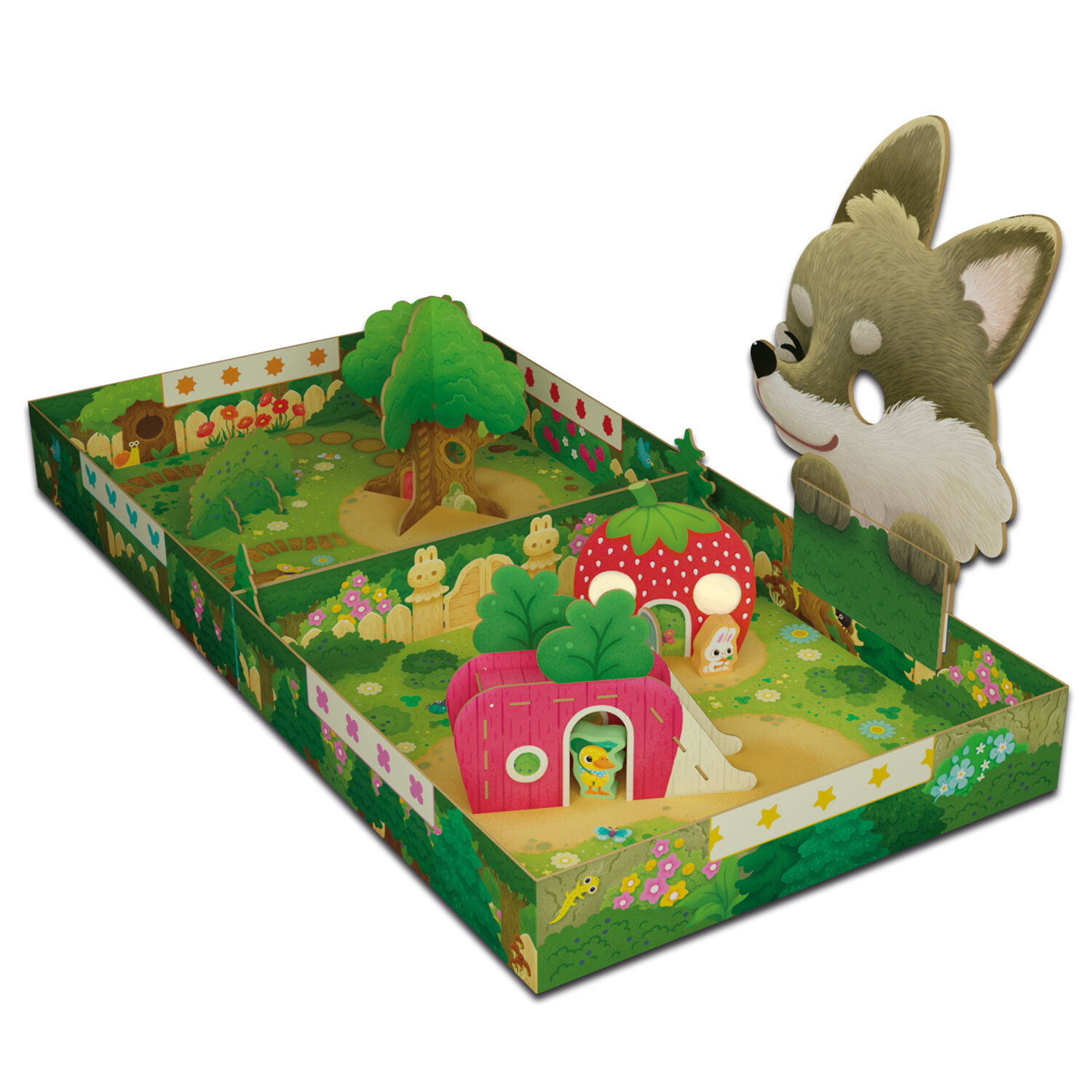 Spielbrett mit farbenfroher Waldlandschaft, Baumhäusern, Pilzen und einem großen Wolf aus Pappe. Das Kinderspiel enthält detaillierte naturbezogene Elemente und ist als Versteckspiel gestaltet.