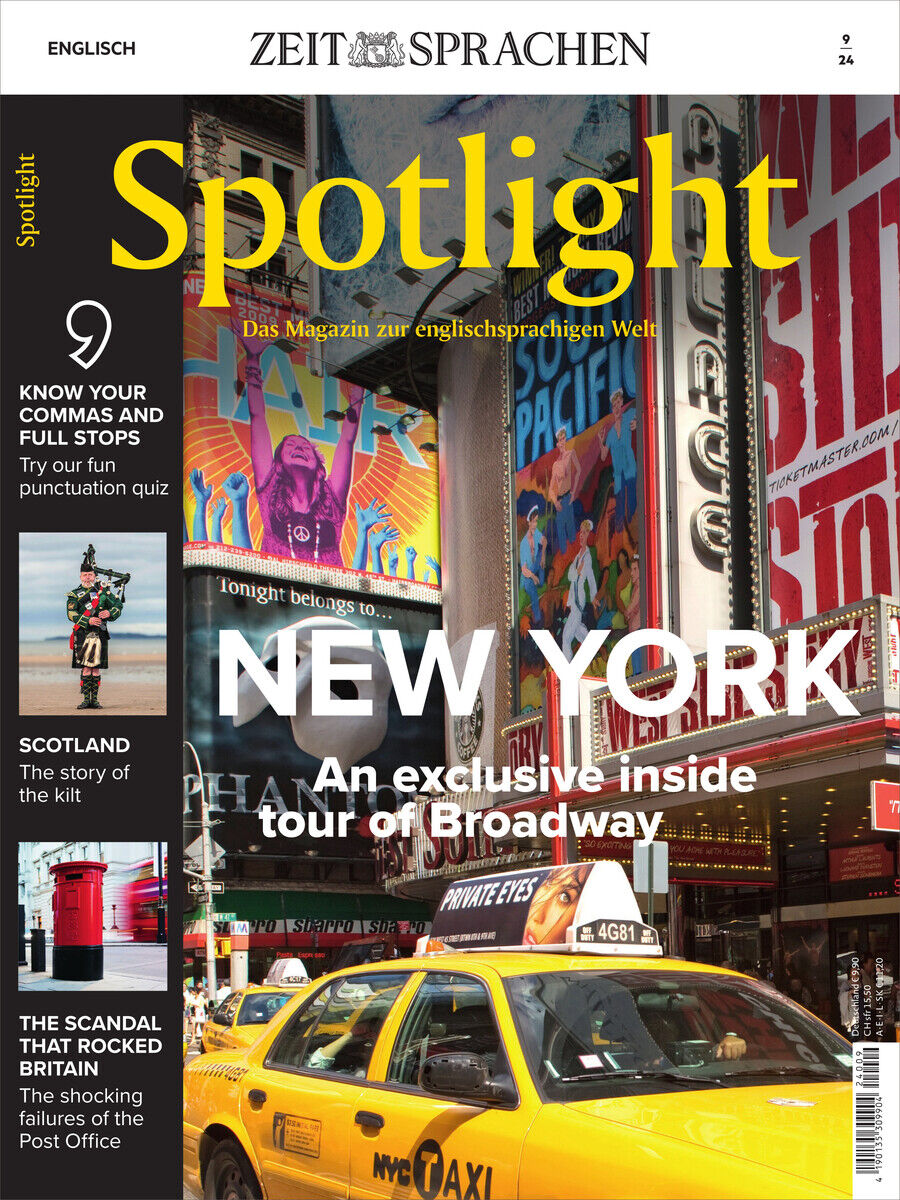Cover des Spotlight Magazins 09/2024 mit dem Titel 'New York: An exclusive inside tour of Broadway'. Das Cover zeigt ein New Yorker Taxi vor bunten Werbetafeln und Gebäuden der Stadt. Oben links steht 'Englisch' und 'Zeit Sprachen'.