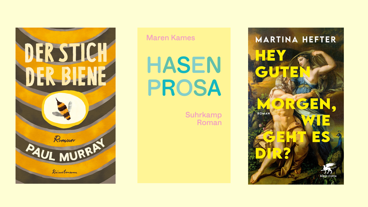 Link zur Kategorie Bücher über Lebensfreude. Das Bild zeigt drei Buchcover nebeneinander. Links ist das Cover von 'Der Stich der Biene' von Paul Murray mit gelb-braunen Wellen und einer gezeichneten Biene. In der Mitte ist das Cover von 'Hasenprosa' von Maren Kames in hellem Gelb mit türkisfarbener Schrift. Rechts ist das Cover von 'Hey Guten Morgen, wie geht es dir?' von Martina Hefter, das ein klassisches Gemälde mit gelber Schrift zeigt.