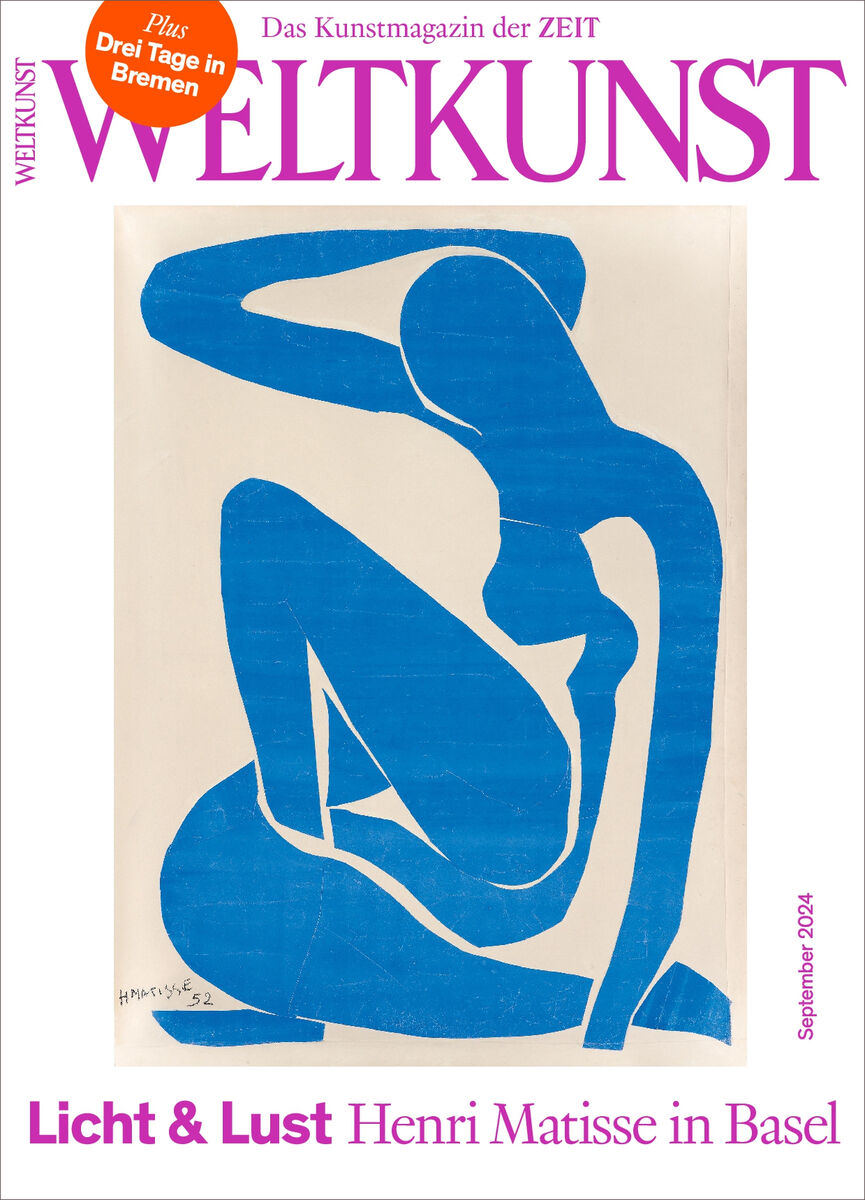 Titelbild der Zeitschrift WELTKUNST 231/24 mit dem Titel Licht und Lust. Zeigt ein Kunstwerk von Henri Matisse in blauen Tönen auf beigem Hintergrund, mit rosa und weißen Texten.