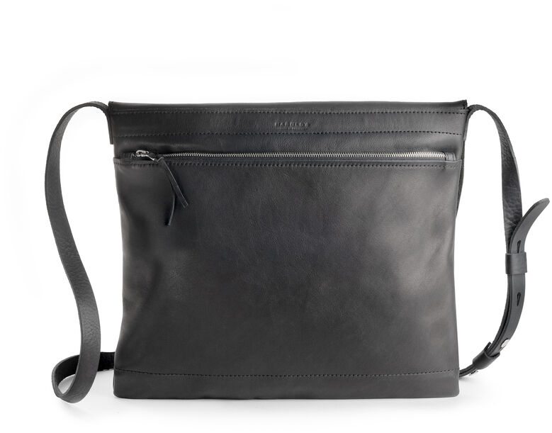 ZEIT Messengerbag aus Leder in schwarz, stilvolle und elegante Schultertasche mit Reißverschlussfach vorne, ideal für Business und Alltag.