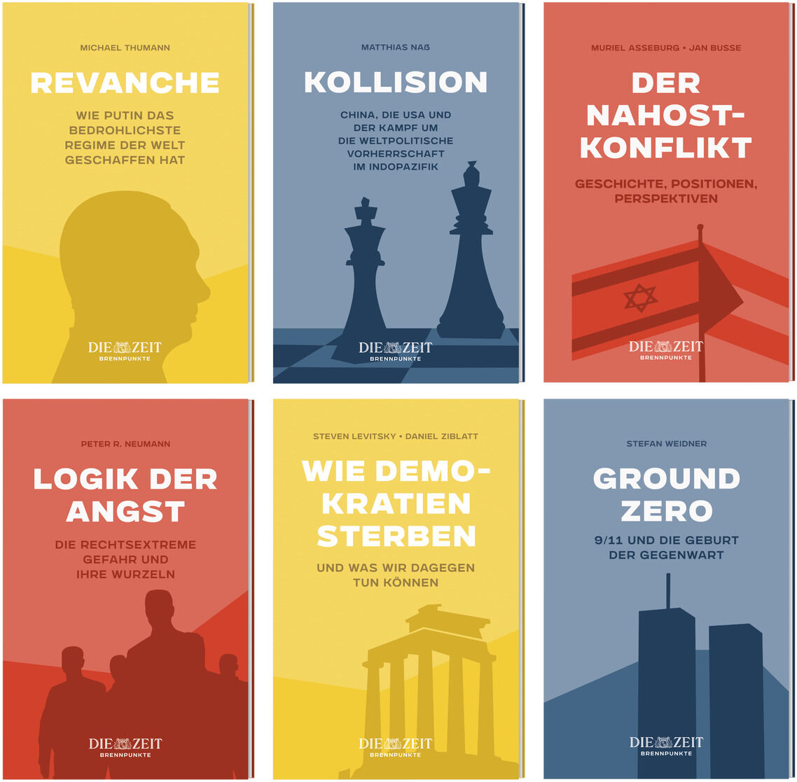 Sechs Buchcover aus der ZEIT-Edition »Brennpunkte«. Die Titel der Bücher lauten: »Revanche«, »Kollision«, »Der Nahost-Konflikt«, »Logik der Angst«, »Wie Demokratien sterben« und »Ground Zero«. Jede Buchabdeckung ist in unterschiedlichen Farben gestaltet und enthält Grafiken oder Symbole, die zum Titel passen.