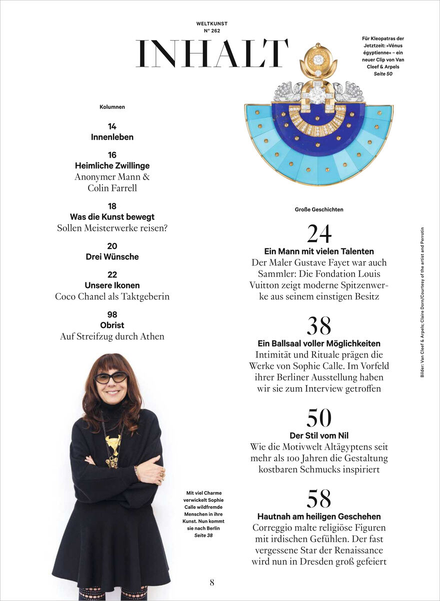 Inhaltsseite des Magazins WELTKUNST Nr. 262. Oben steht groß „INHALT“ neben einer türkis-blau-goldenen, schmuckartigen Grafik. Spalten nennen Beiträge und Seitenzahlen, darunter Ali Mitgutsch und Tomás Saraceno. Unten links steht eine Frau in schwarzem Kleid und Stiefeln mit verschränkten Armen.