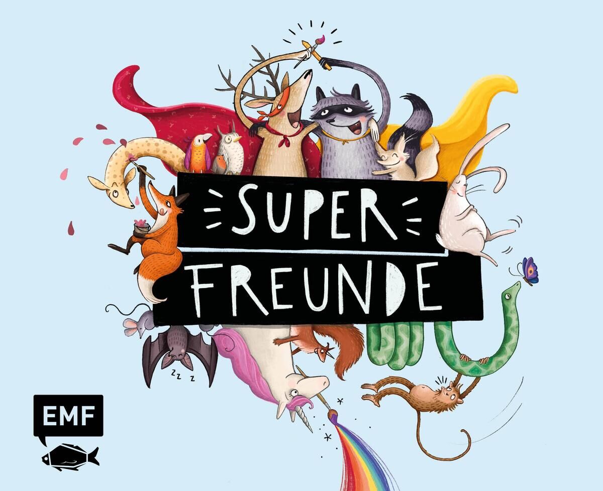 Cover des Buches 'Superfreunde - Das Freundebuch' vom EMF Verlag mit einer Illustration von verschiedenen fröhlichen Tieren und bunten Farben auf hellblauem Hintergrund.