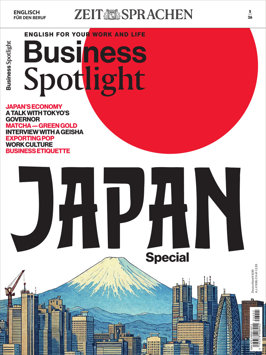 Cover des "Business Spotlight Magazin 5/2026" von Spotlight Verlag mit großem roten Kreis, der Japans Flagge symbolisiert, und illustrativer Skyline inkl. Fuji. Titelthema: "Japan Special". Texte zu Wirtschaft, Arbeit, Kultur und Sprache, Zielgruppe: Business-Interessierte.
