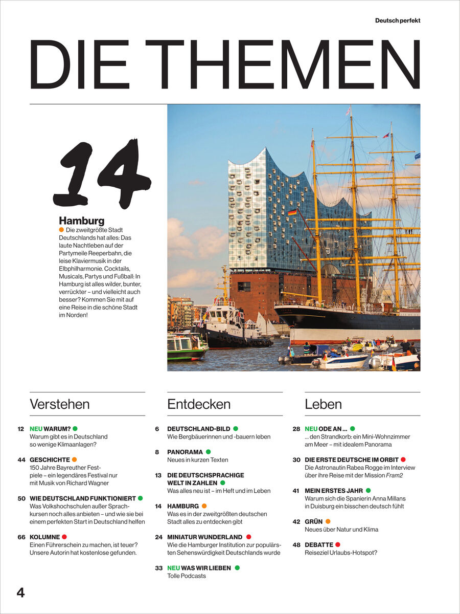 Magazinseite mit Rubrik 'DIE THEMEN', darunter großes Hamburg-Foto mit Elbphilharmonie und Segelschiff im Hafen. Text rechts und links beschreibt die Inhalte des Deutsch perfekt Magazins. Klare, moderne Gestaltung, schwarze und bunte Akzente.