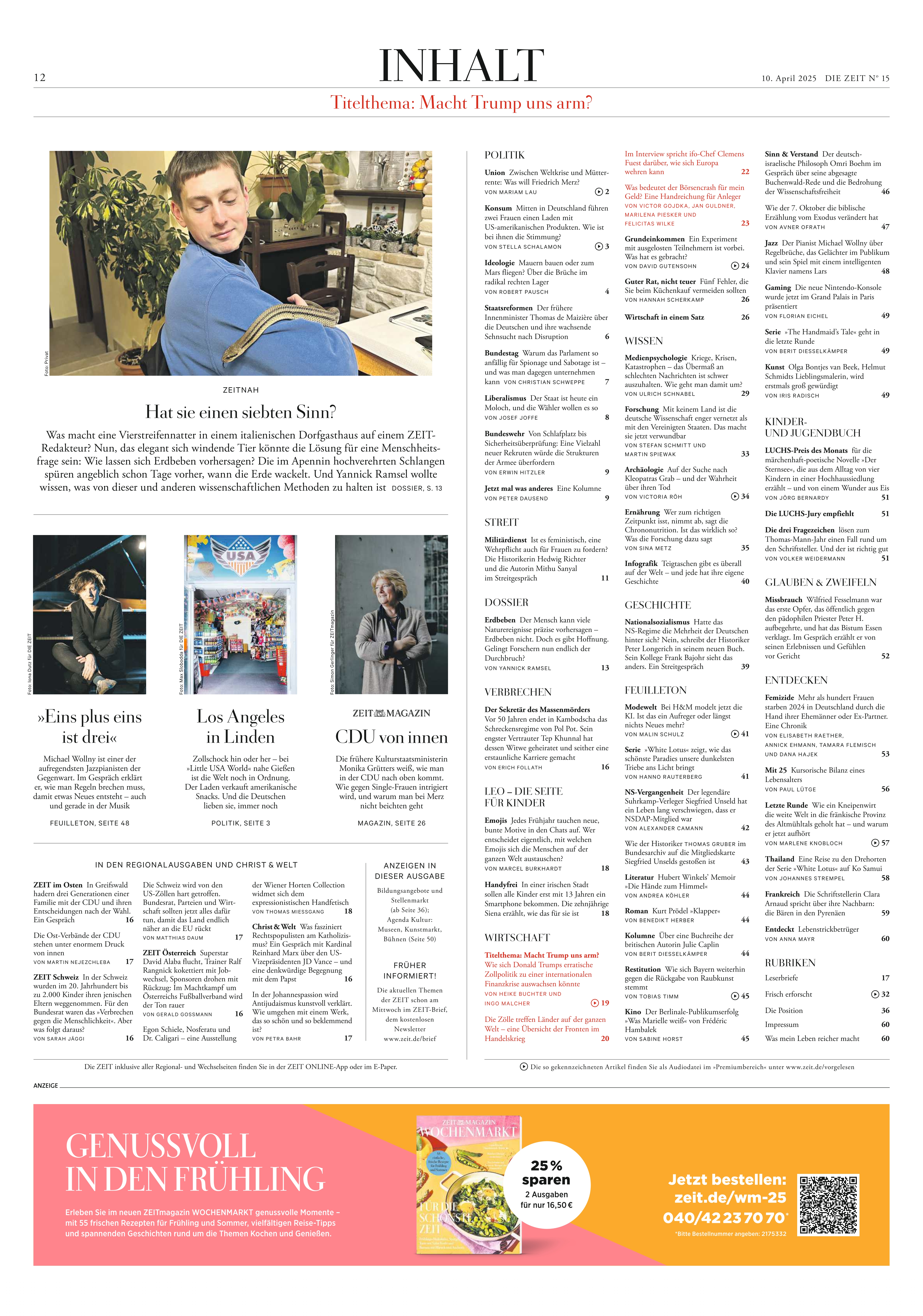 Titelseite der Zeitung DIE ZEIT 15/2025 mit einer Mischung aus Artikeln, Bildern und Schlagzeilen.