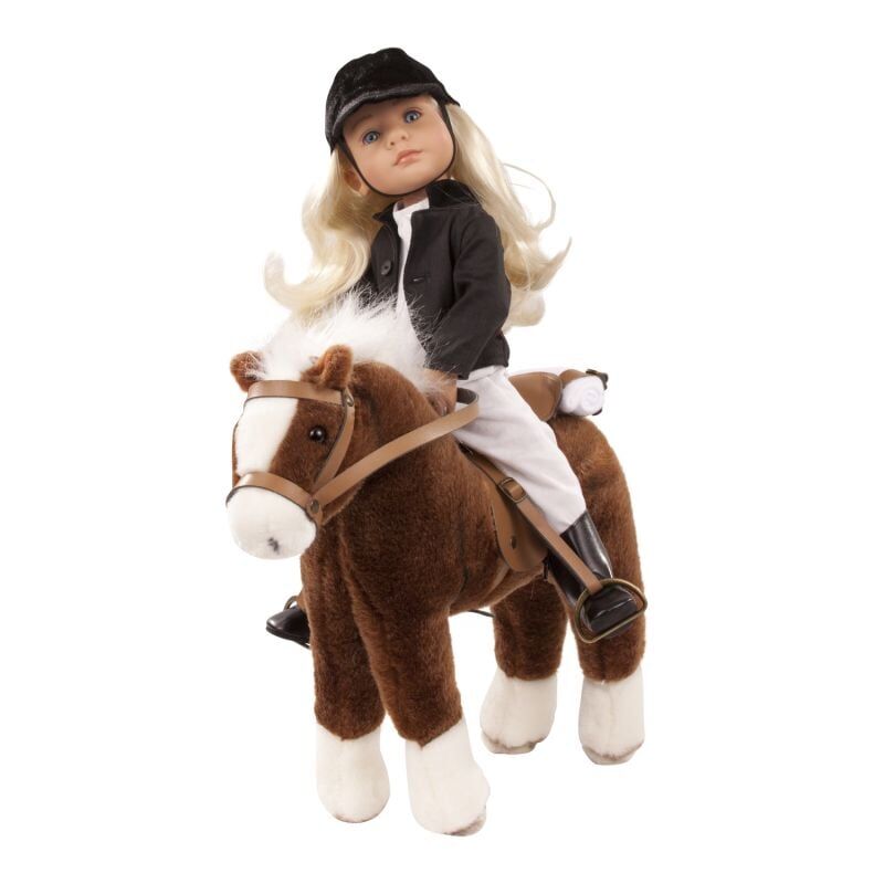Eine Puppe in Reiterkleidung sitzt auf einem braunen Plüschpony mit Zaumzeug. Das Spielzeugpferd hat eine weiße Stirn und weiße Beine. Die Puppe trägt eine schwarze Jacke, helle Hose, schwarze Stiefel und eine schwarze Reitkappe. Das Produkt ist für Kinder geeignet und dient als Spielzeug für Rollenspiele rund ums Reiten.