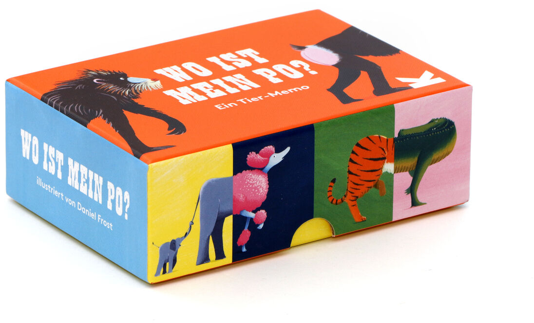 Tier-Memo »Wo ist mein Po?«-Spielkarton. Es zeigt bunte Illustrationen von verschiedenen Tieren und Körperteilen auf der Box.