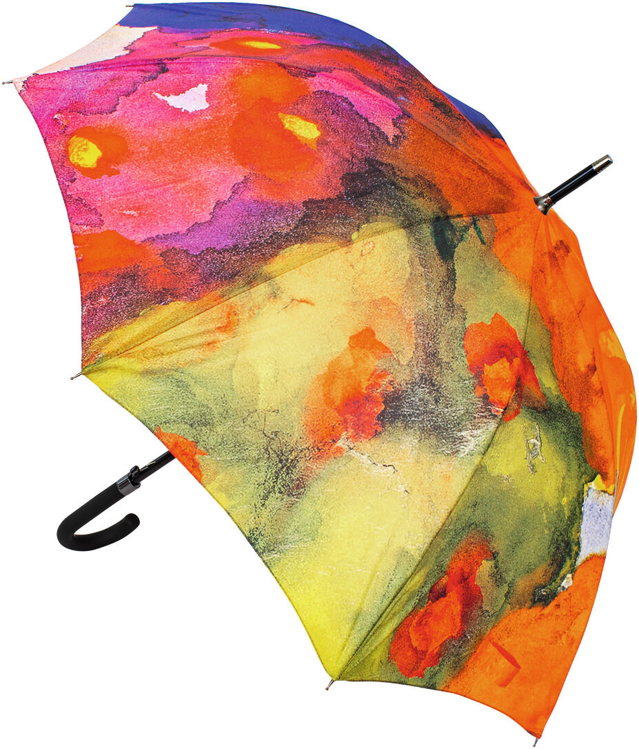 Bunter Regenschirm mit leuchtendem Sommerblumenmuster. Der Schirm zeigt eine Vielzahl von Farben, darunter Rot, Orange, Gelb, Grün, Blau und Lila. Perfekt für farbenfrohe Auftritte bei Regenwetter.