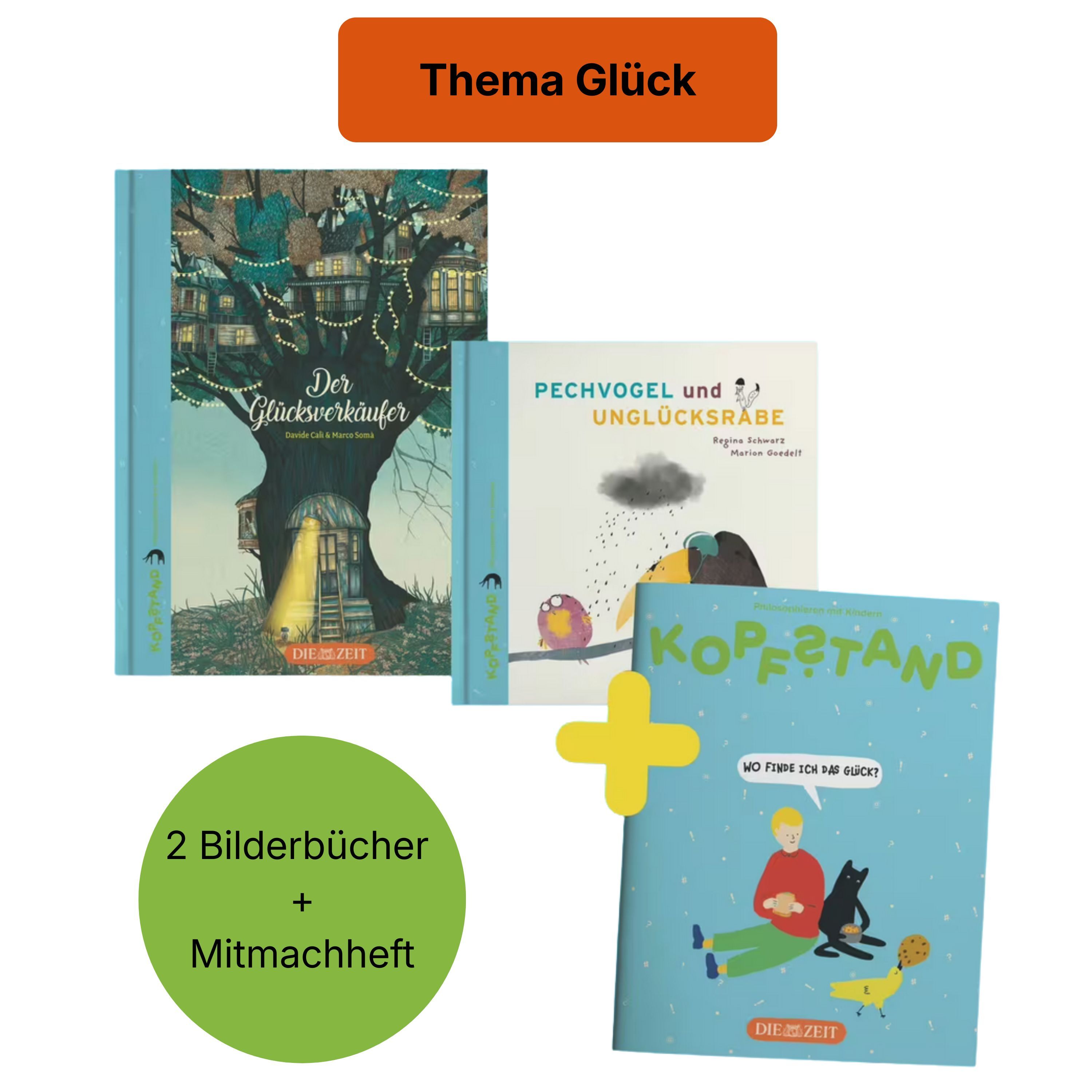 Drei Produkte aus der ZEIT-Edition »Kopfstand - Philosophieren mit Kindern« zum Thema Glück: Zwei farbenfrohe Bilderbücher (»Der Glücksverkäufer« und »Pechvogel und Unglücksrabe«) sowie ein Mitmach-Heft mit Zeichnungen. Ein grüner Kreis weist auf die Bestandteile hin.