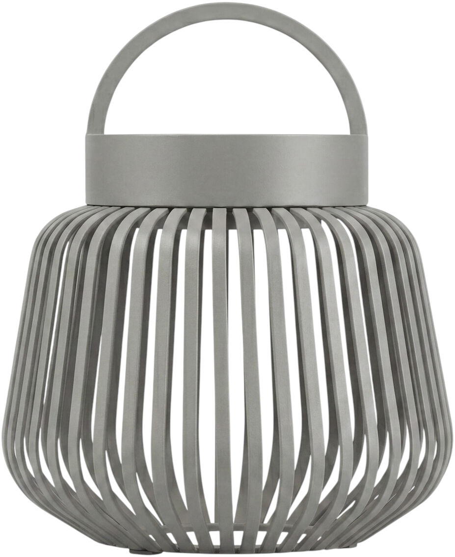 Die abgebildete LED-Leuchte „LITO“ XS von blomus in Graphitgrau besitzt eine moderne, runde Gitterstruktur aus Metall mit vielen gleichmäßig verlaufenden Streben und einem großen, zentralen Henkel. Das Design wirkt dekorativ und eignet sich für Innen- und Außennutzung.