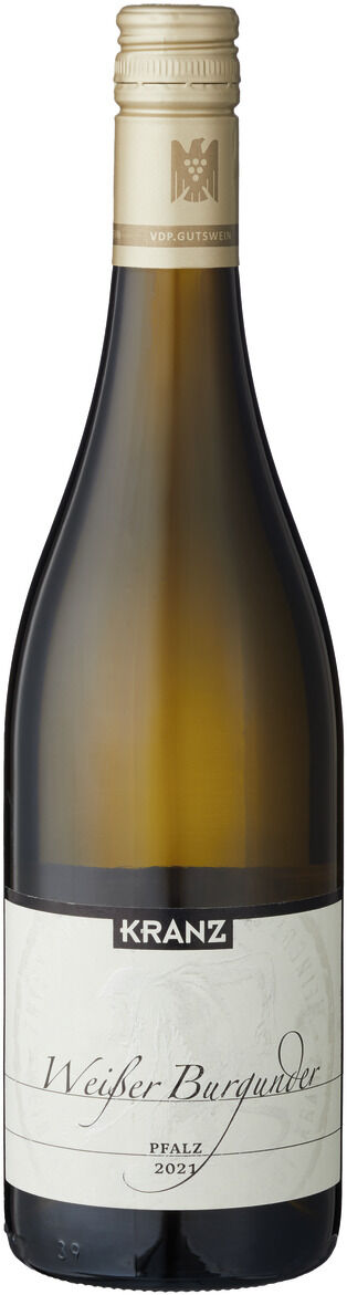 Eine Flasche »Weißer Burgunder« Weißwein aus der ZEIT-Weinedition, Herkunftsregion Pfalz. Die Flasche hat ein schlichtes Etikett mit goldenen und grünen Akzenten.