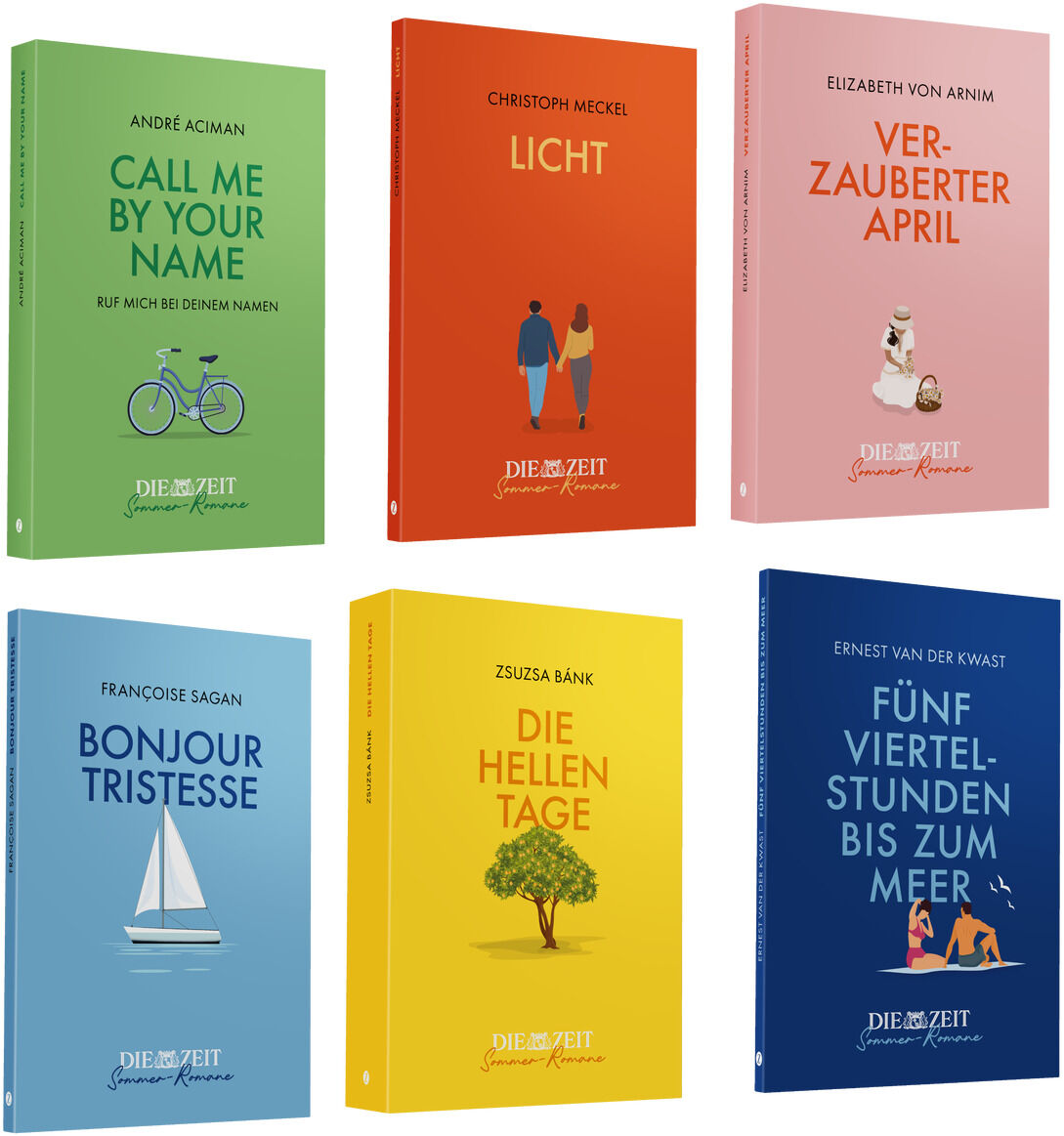 Sechs Bücher der ZEIT-Edition »Sommer-Romane« in verschiedenen Farben: 'Call Me By Your Name' von André Aciman (blau), 'Licht' von Christoph Meckel (rot), 'Verzauberter April' von Elizabeth von Arnim (rosa), 'Bonjour Tristesse' von Françoise Sagan (hellblau), 'Die hellen Tage' von Zsuzsa Bánk (gelb), 'Vom Viertelstunden bis zum Meer' von Ernst van der Kwast (dunkelblau).